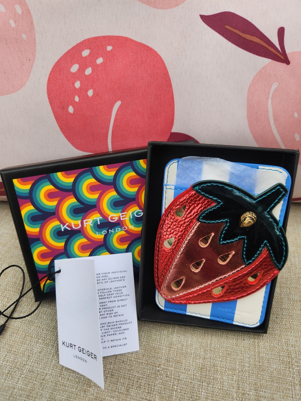 Kurt Geiger Strawberry Phone Cardholder- Red & Green On Blue & White Stripes NIB